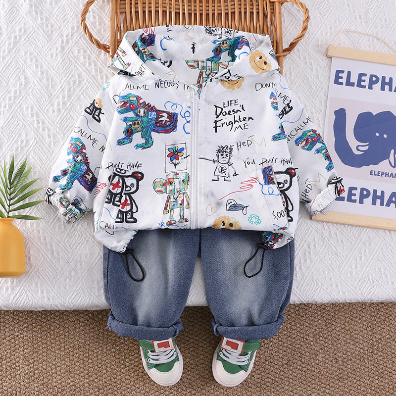 Children's clothing outfit new style baby boys' spring and autumn stylish graffiti bear jacket two-piece set