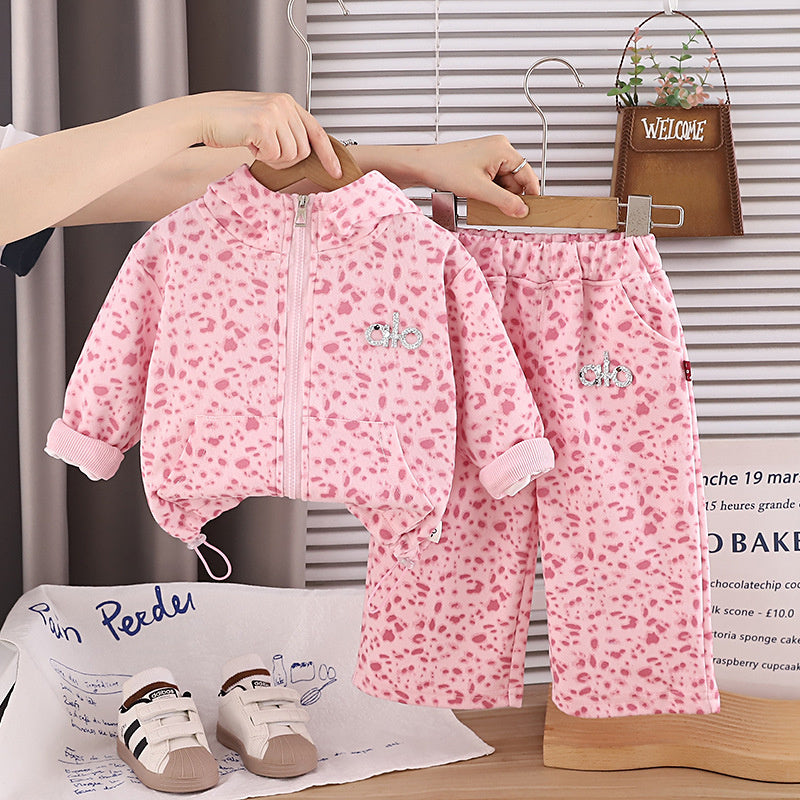 Children's Spring and Autumn Outfit for Girls, Stylish Hooded Leopard Print Jacket Set, Toddler Casual Sports Two-Piece Clothing Trendy