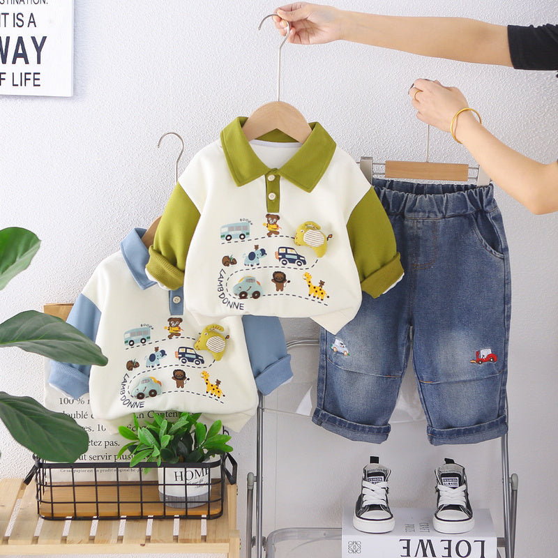 Boys' Spring and Autumn Outfit 2026 New Fashionable Infant Children's Clothing Baby Cartoon Cardigan Two-Piece Set Trendy