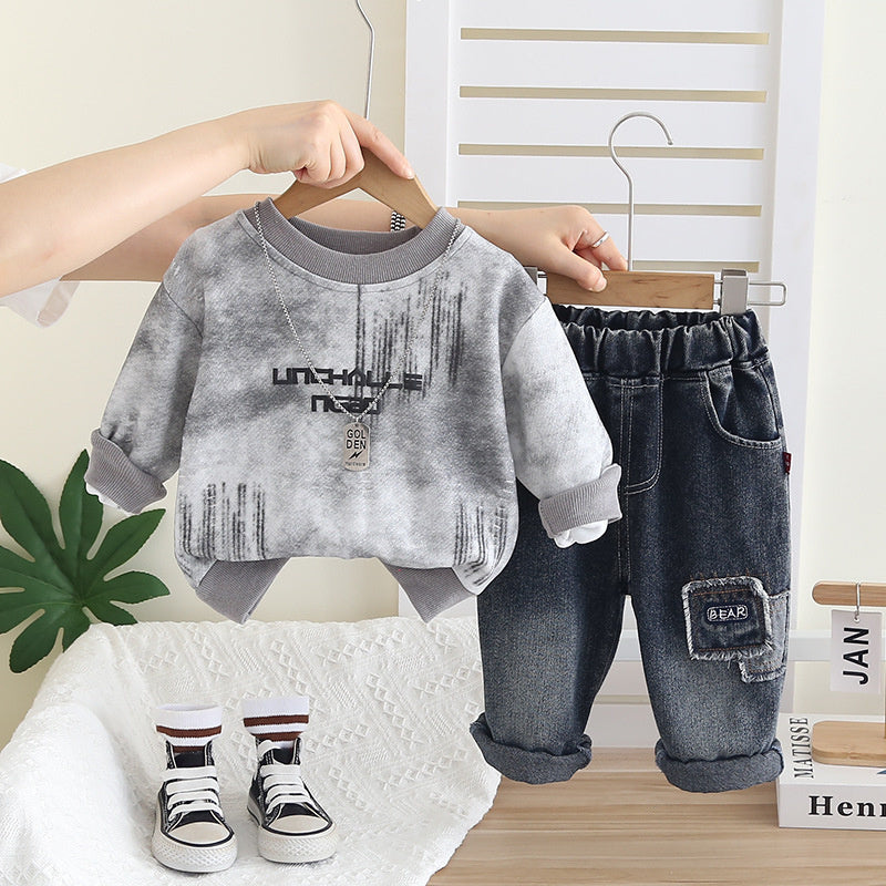 Boys' Spring Outfit Set, Spring-Autumn 2026 New Fashionable Tie-Dye Letter Sweatshirt and Pants, Stylish for Little Boys