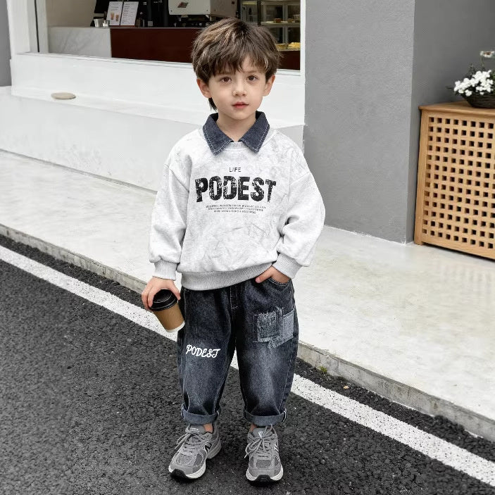 Boys' Outfit 2026 New Fashionable Children's Clothing Baby Spring and Autumn Two-Piece Set with Detachable Denim Collar