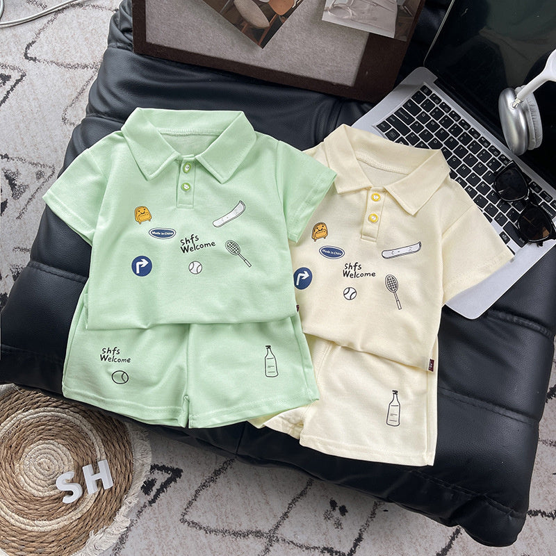 Children's clothing boys' outfit 2026 new style kids' summer cartoon sports short-sleeve two-piece set baby casual wear