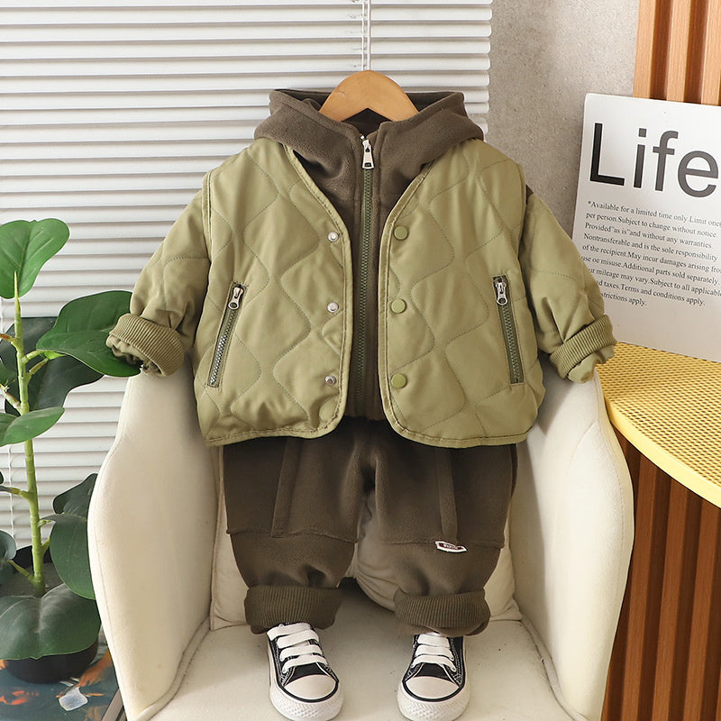 Boys' Thickened Outfit Winter Korean Style Fashionable Children's Outerwear Zipper Pocket Vest Fleece Three-Piece Set Trendy