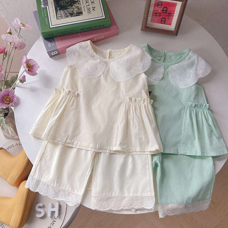 Baby Sleeveless 2026 New Girls' Clothes Summer Outfit Embroidered Collar Shorts Infant Two-Piece Set