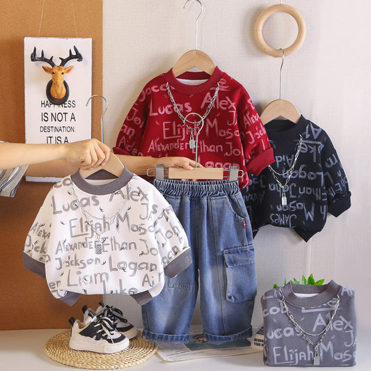 Boys' Outfit 2026 New Fashionable Spring and Clothes Children, Stylish Two-Piece Autumn Sweatshirt Set for Boys
