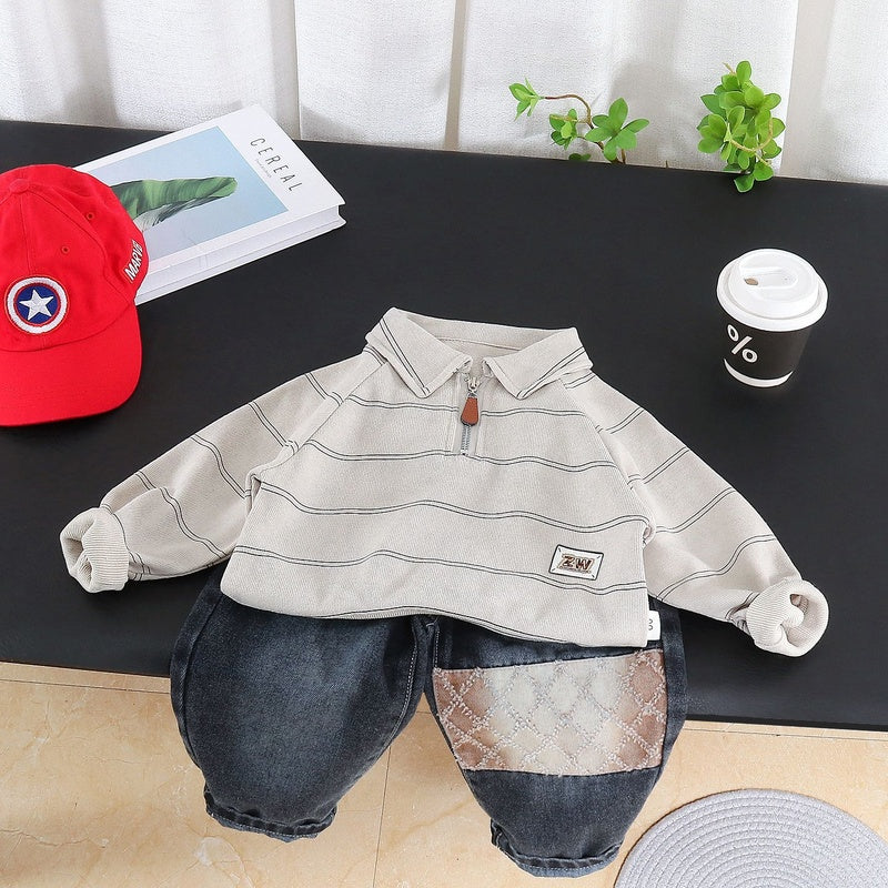 Boys' Outfit 2026 New Children's Spring and Autumn Lapel Fine Striped Sweatshirt Fashionable Two-Piece Set for Trendy Babies