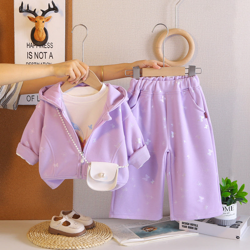 Girls' Spring and Autumn Outfit 2026 New Fashionable Baby Butterfly Crossbody Bag Three-Piece Set Infant Casual Trendy Wholesale