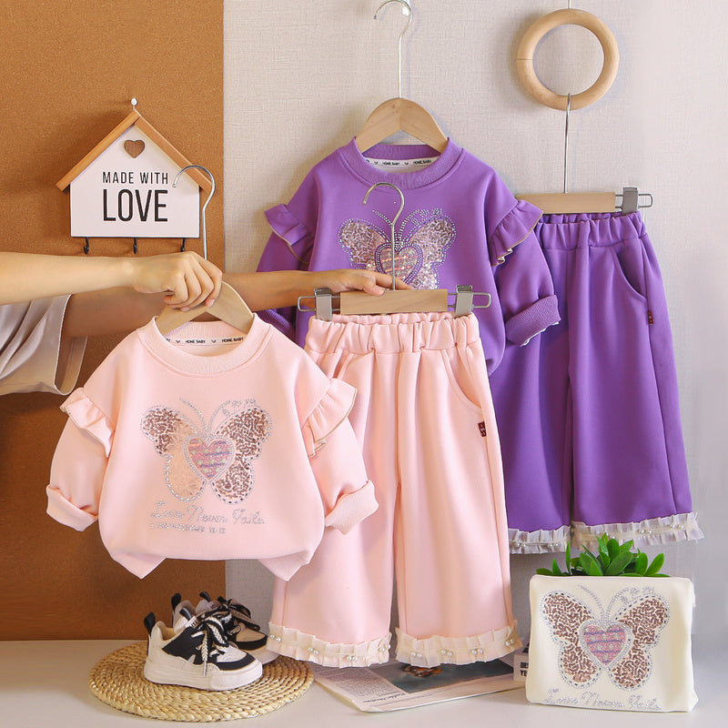 Baby Girl Spring and Outfit Set 2026 New Fashionable Girls' Rhinestone Cute Butterfly Two-Piece Autumn Clothes Trendy