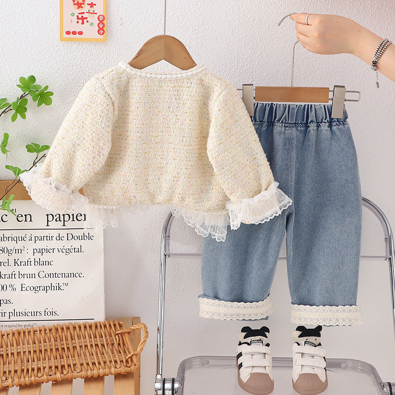 Foreign Trade Wholesale 2025 New Sweet Little Chanel Style Three-Piece Set Children's Fashionable Outfit Spring and Autumn Live Supply