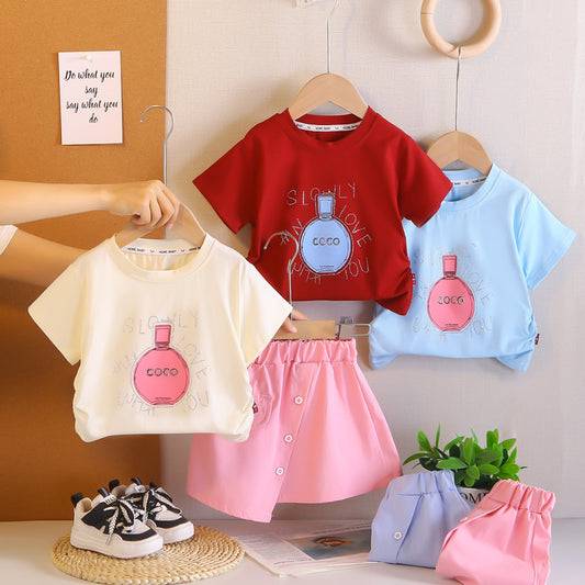 2026 New Summer Fashionable Korean Style Baby Girl Outfit with Rhinestones, Stylish Sleeve Short Skirt Two-Piece Set