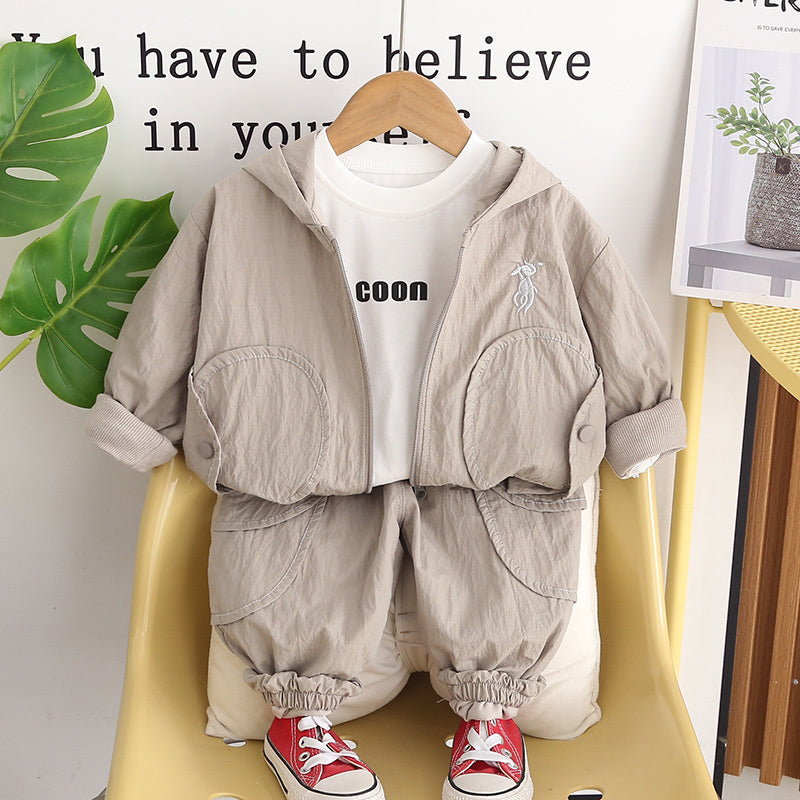 Spring Outfit 2026 New Trendy Stylish Fashionable Children's Clothing Boys' Solid Color Hooded Three-Piece Set