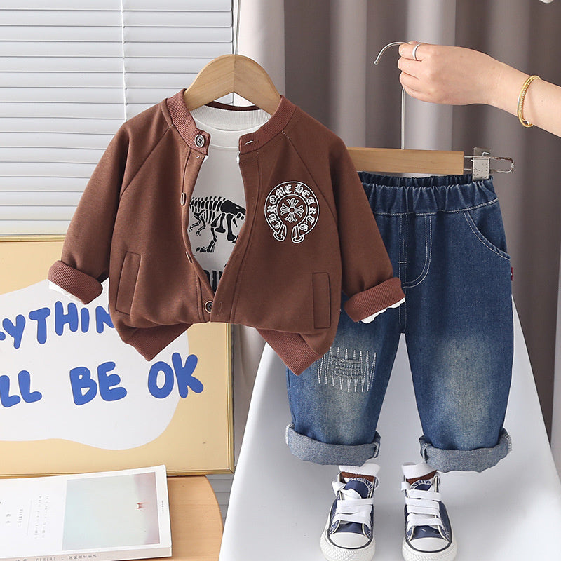 Boys' Spring and Autumn Outfit 2026 New Stylish Baby 1-3 Years Old 5 Knit Cardigan Infant Children's Three-Piece Set Toddler Fashion