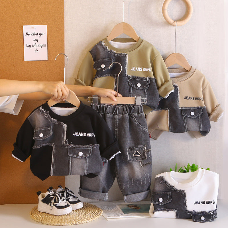 Boys' Sweatshirt and Autumn 2026 New Trendy Children's Sports Patchwork Clothes Baby Spring Set