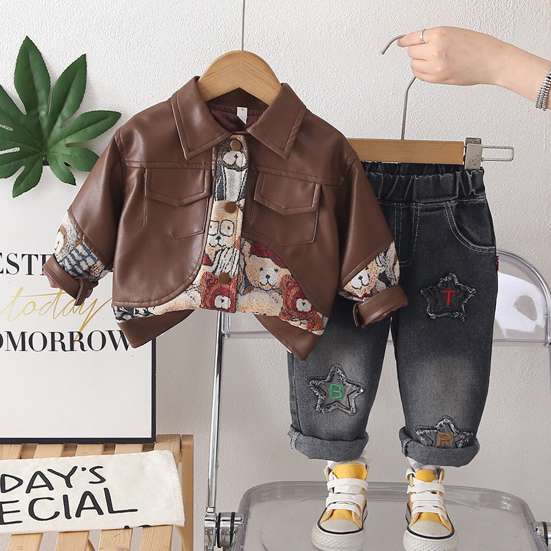 Boys' Autumn Outfit 2026 New Spring-Autumn Style Infants and Toddlers, Stylish Jacquard Bear Leather Jacket Three-Piece Set for Babies
