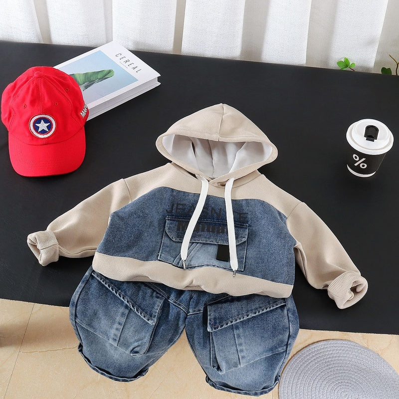 Boys' Spring and Outfit 2026 New Fashionable Children's Hooded Sweatshirt with Large Pockets Two-Piece Set Baby Autumn Casual Wear