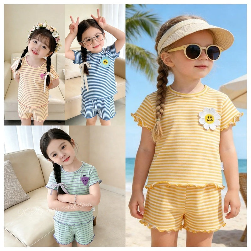 2026 Baby Thin Soft Striped Short Sleeve T-shirt and Elastic Waist Shorts Set Children's Summer Two-Piece Outfit