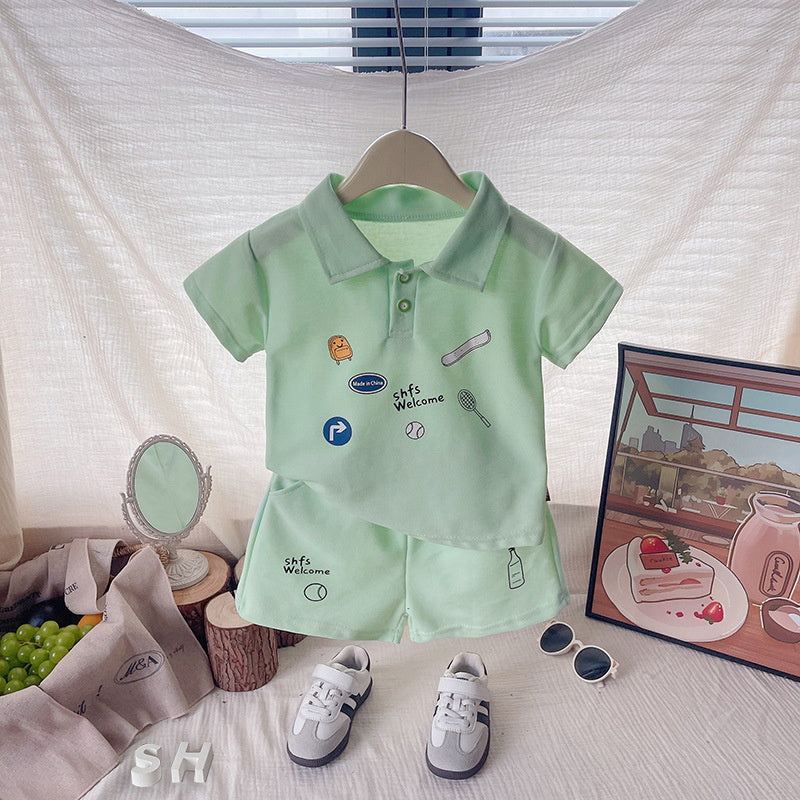 Children's clothing boys' outfit 2026 new style kids' summer cartoon sports short-sleeve two-piece set baby casual wear