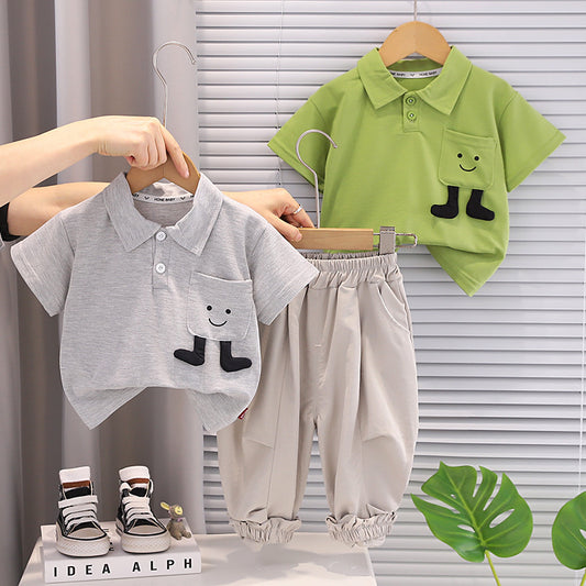 2026 New Summer Boys' Smiley Face Pocket Short Sleeve Set, Stylish Thin Casual Two-Piece Outfit for Baby Boys