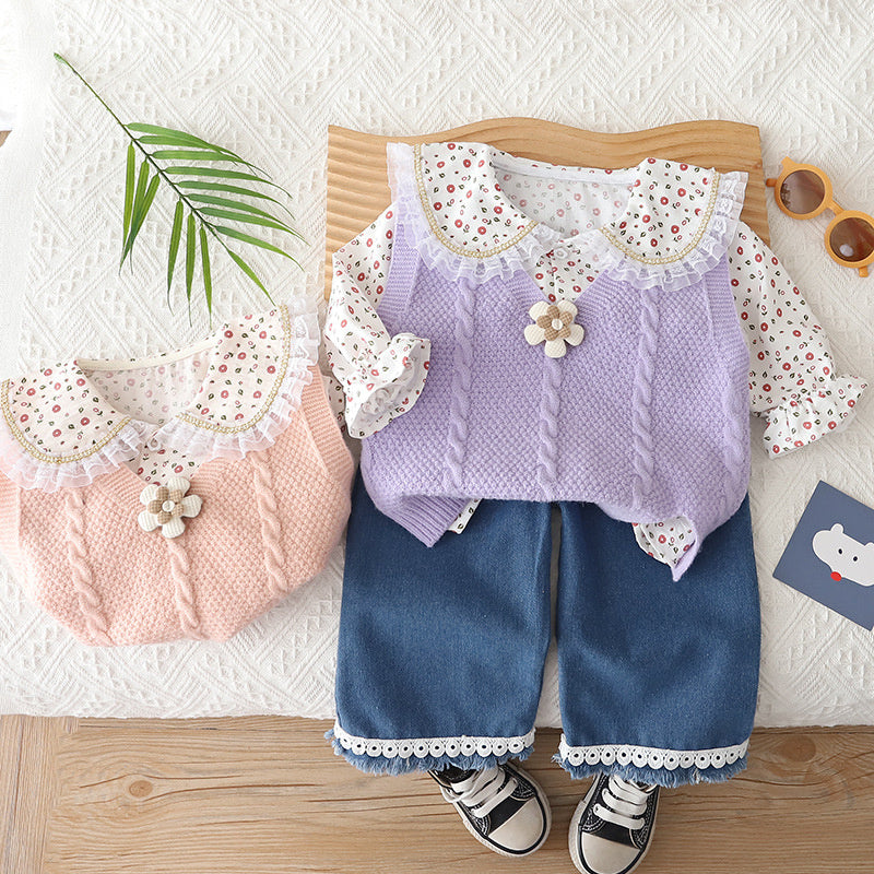 Girls' Floral Sweater Set for and Autumn 2026 New Fashionable Korean Style Baby Girl Spring Outfit
