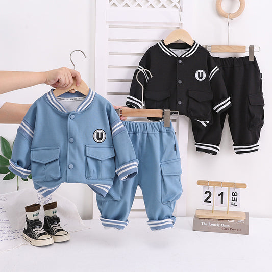 Boys' Spring and Set 2025 New Children's Stylish Letter Baseball Jacket Two-Piece Baby Autumn Casual