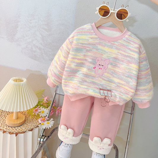 Baby Clothes Fleece Autumn and Winter Casual Rainbow Bear Sweatshirt Two-Piece Set for Girls, One-Piece Dropshipping