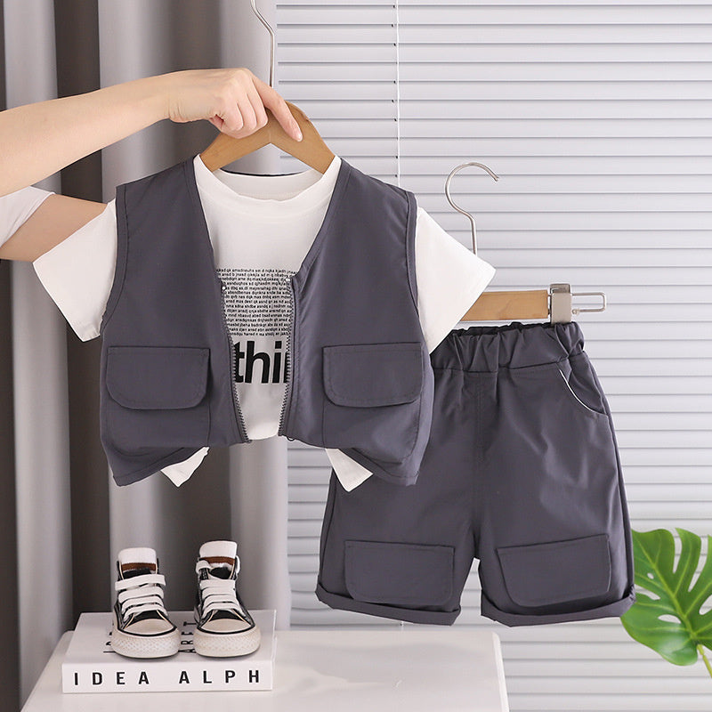 Boys' Summer Outfit 2026 New Fashionable and Stylish One-Year-Old Solid Color Vest Short Sleeve Three-Piece Set for Toddlers