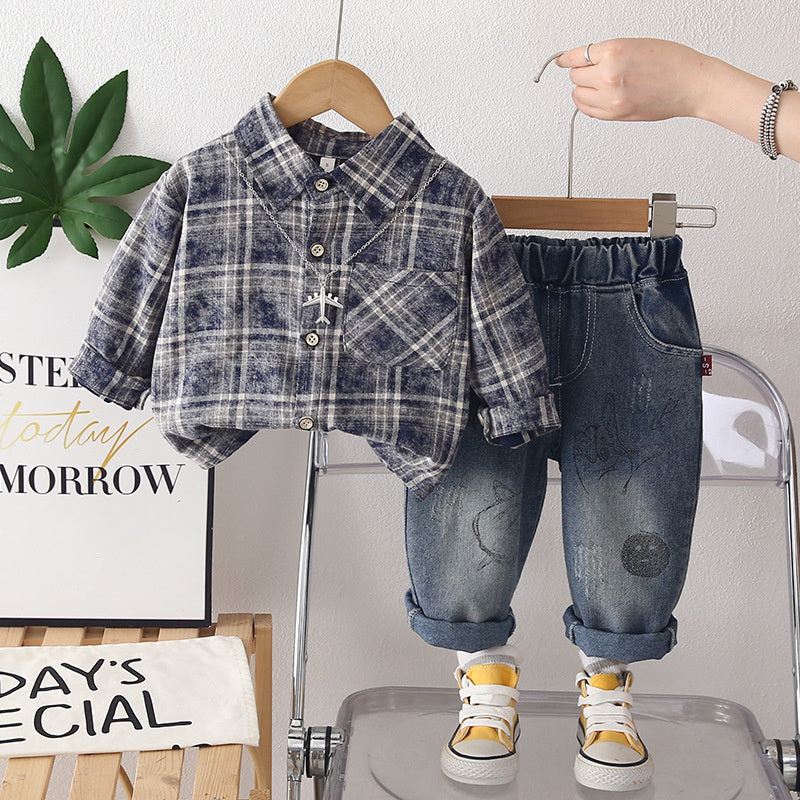 Boys' Outfit 2026 New Style Baby Plaid Shirt Two-Piece Set Stylish Children's Spring and Autumn Clothing Trendy