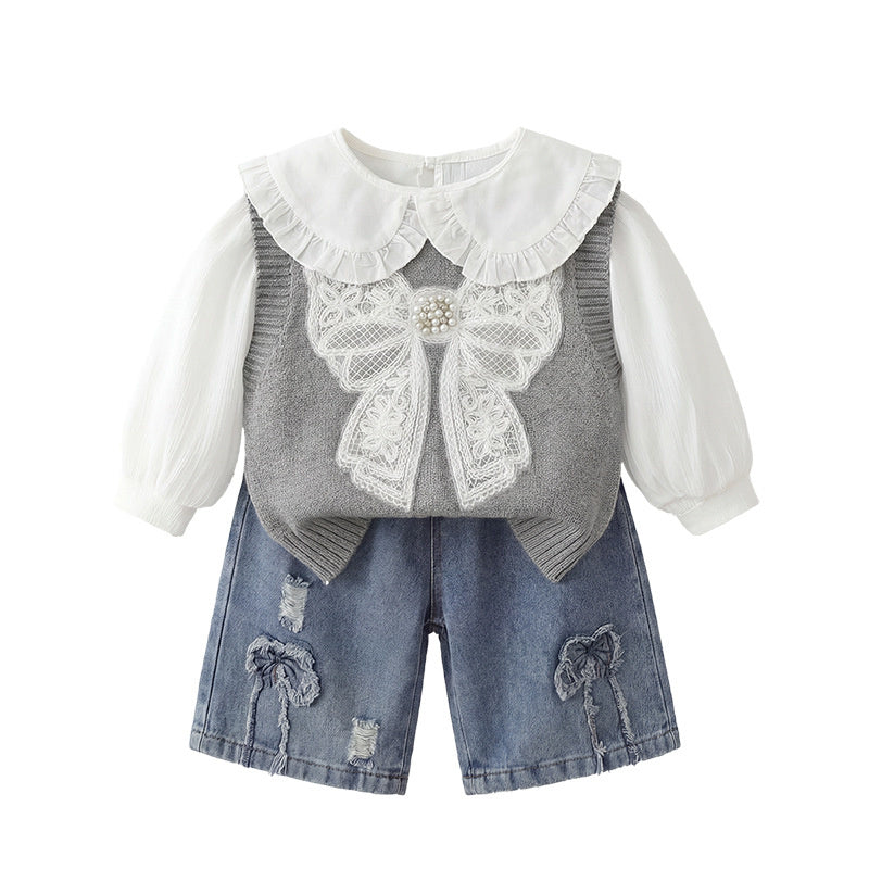 Girls' Outfit: Three-piece Set with Big Bow Sweater, Stylish Fashionable Children's Clothing Spring and Autumn, for 1-year-old baby girls