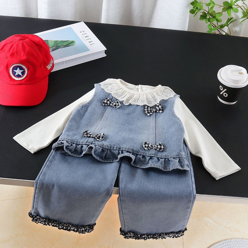 Women's Spring Outfit 2026 New Fashionable Children's Clothing for Girls Baby Doll Collar Plaid Bow Tie Three-Piece Trendy Set