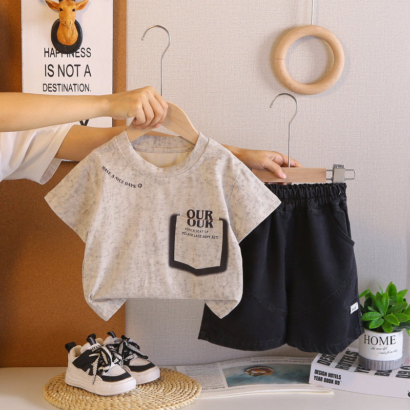 Boys' and girls' pocket short-sleeve T-shirt casual set 2026 summer new children's fashionable two-piece outfit