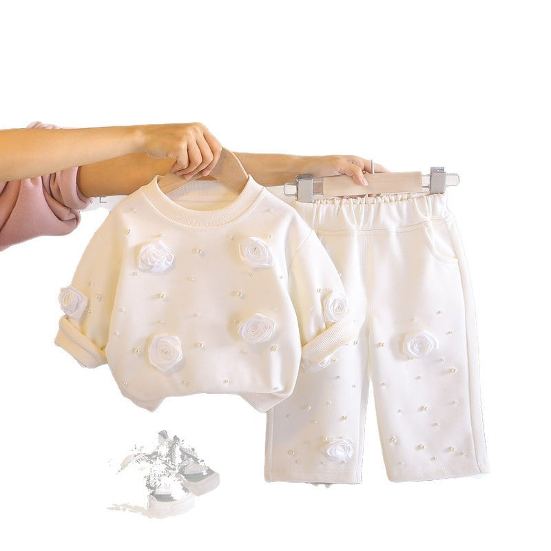Girls' spring outfit set, stylish and fashionable, for 0-3 year old baby girls, beaded rose flower clothing, trendy children's clothes