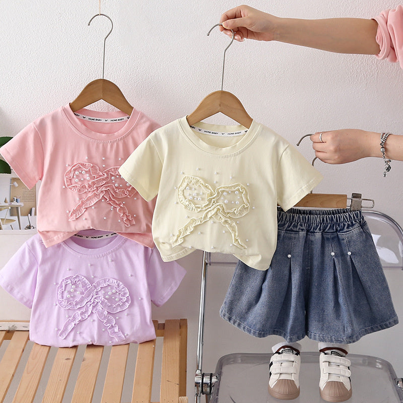 Girls' Stylish Outfit 2026 Summer New Korean Version with Ruffled Bowknot Lace and Pearl Short Sleeve Two-Piece Set for Babies