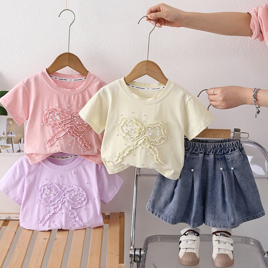Girls' Stylish Outfit 2026 Summer New Korean Version with Ruffled Bowknot Lace and Pearl Short Sleeve Two-Piece Set for Babies