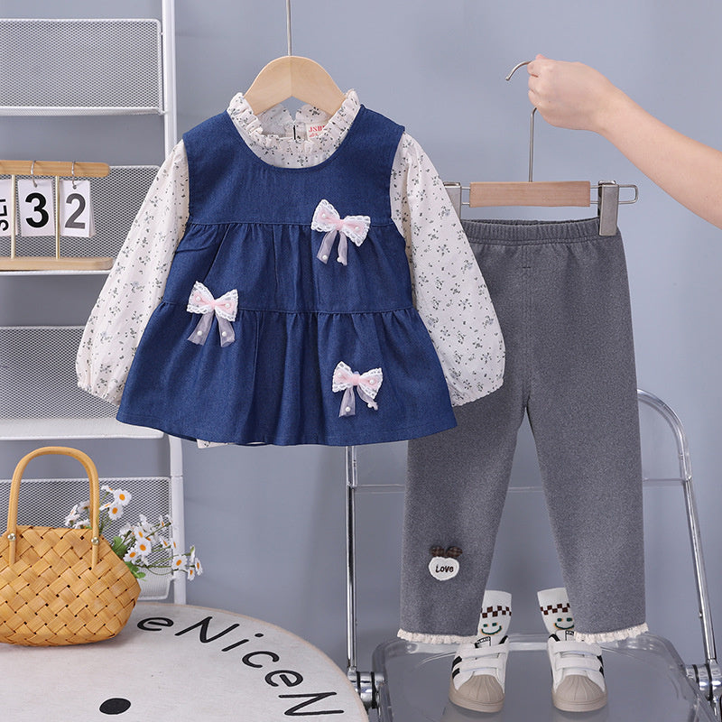 Baby Outfit Stylish Infant Clothes Girl Spring and Autumn Denim Three Bowknot Vest Three-Piece Set
