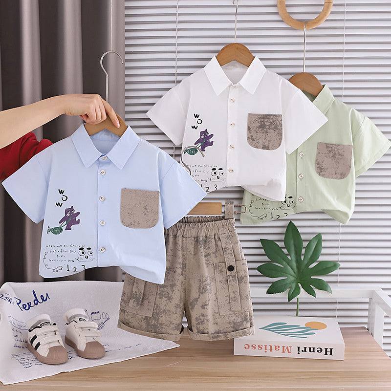 Stylish baby boy outfit for 1-5 year olds, summer two-piece set with a cute cat print short-sleeve shirt and collar