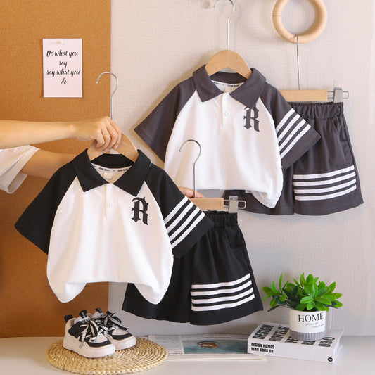 Boys' Outfit 2026 New Style Children's Summer Striped Letter Print Short Sleeve Stylish Two-Piece Set for Kids