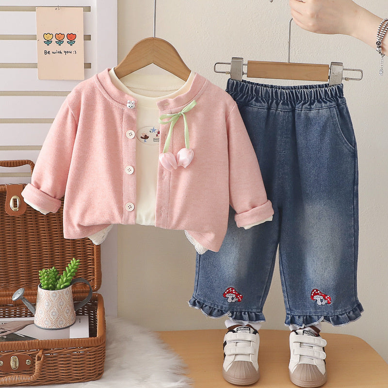 Girls' Outfit 2026 New Fashionable Tulip Cardigan Three-Piece Set Baby Spring and Autumn Casual Infant Children's Trendy Clothing
