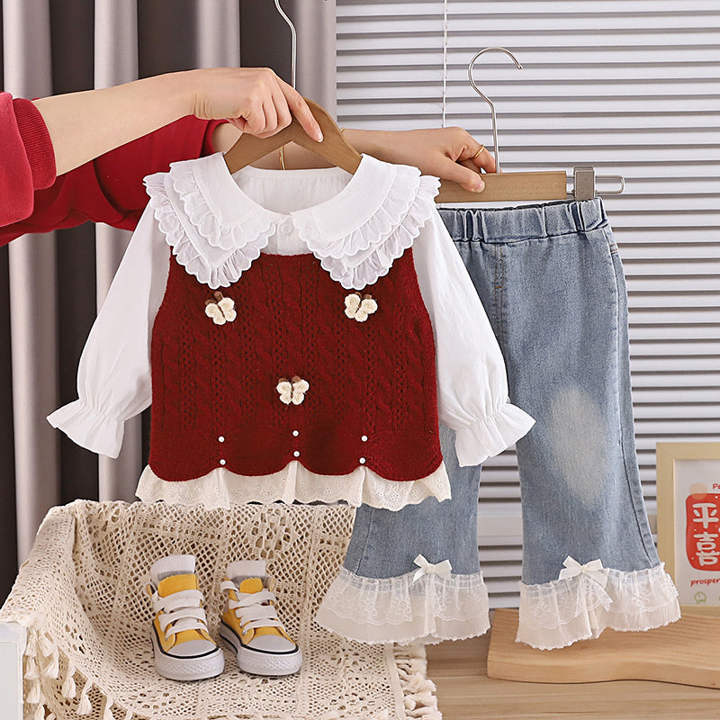 Baby Girl Spring and Autumn Outfit 2026 New Model 3-Piece Butterfly Sweater Set for 1-Year-Old Girls