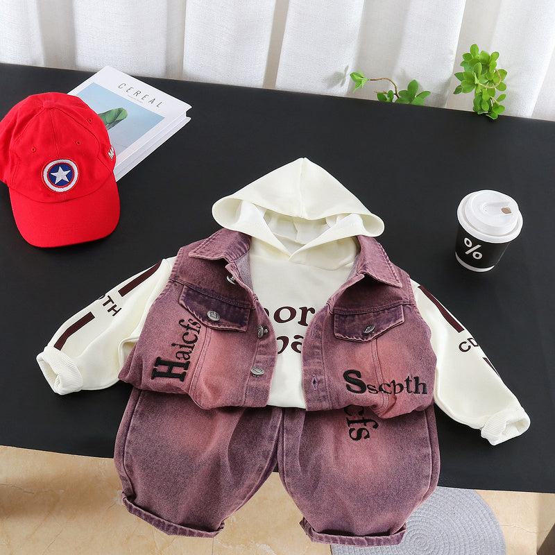 Boys' Outfit 2026 New Style Children's Spring and Fashionable Letter Denim Vest Three-Piece Set for Toddlers in Autumn