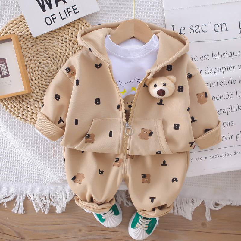 Children's Cartoon Hooded 2025 New Korean Version Boys Girls Spring and Autumn Full Print Bear Jacket Three-Piece Set