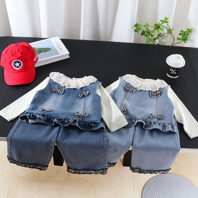 Women's Spring Outfit 2026 New Fashionable Children's Clothing for Girls Baby Doll Collar Plaid Bow Tie Three-Piece Trendy Set
