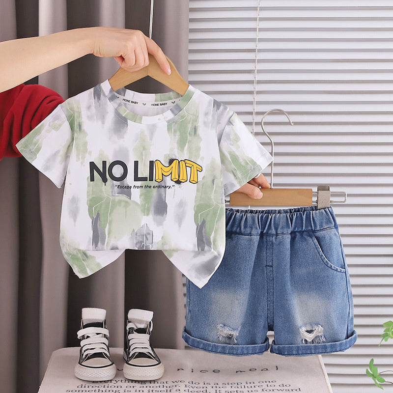 Boys' Stylish Denim Suit New Style for 1-3 Year Olds, Children's Summer Clothes, Short-Sleeved Two-Piece Set