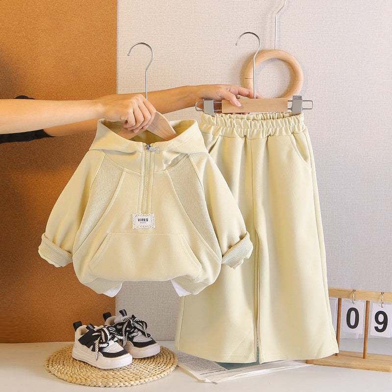 Girls' half-zip hoodie sweatshirt set, stylish new 2026 baby clothing, children's spring and autumn two-piece trendy outfit