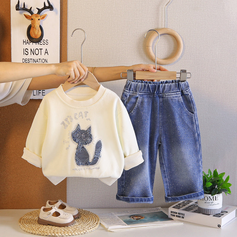 Girls' Outfit Set, Spring Autumn 2026 New Fashionable Stylish Cat Print Round Neck Sweatshirt and Jeans for Babies Wholesale
