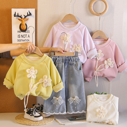 Baby Spring Outfit Stylish 2026 New Fashionable Girls' Children's Two-Flower Sweatshirt Trendy Toddler Spring-Autumn Clothing
