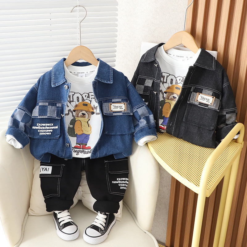 Boys' Spring and Autumn 2023 New Korean Style Casual Denim Three-Piece Set for 1-3 Year Olds