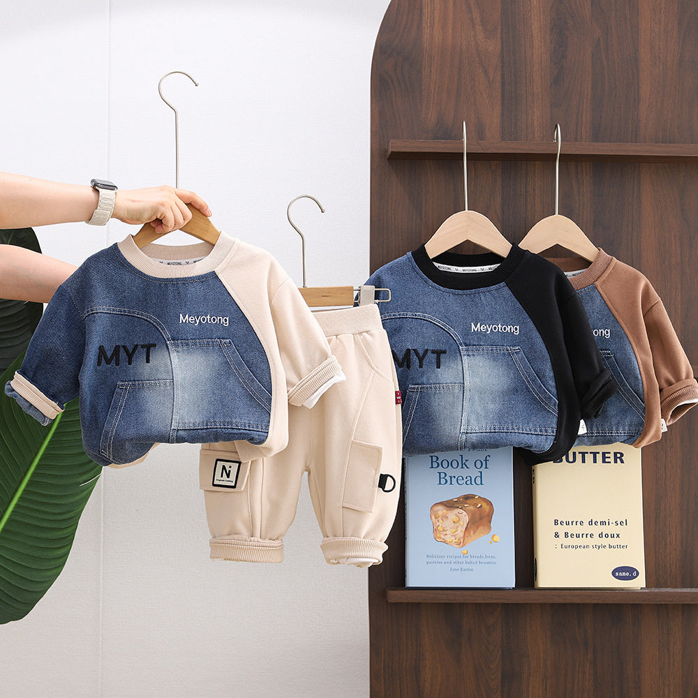 Children's Autumn Clothing for Boys 1-3 Years Old, Cute Outfit, Two-Piece Set with Denim Sleeves, Trendy Baby Clothes 2