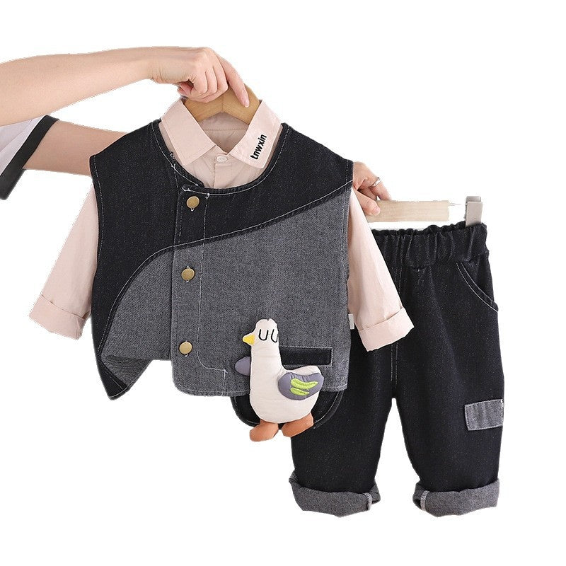 Children's Outfit 2026 New Spring and Autumn Little Duck Denim Vest Three-Piece Set 0-5 Year Olds, Trendy for Young Children