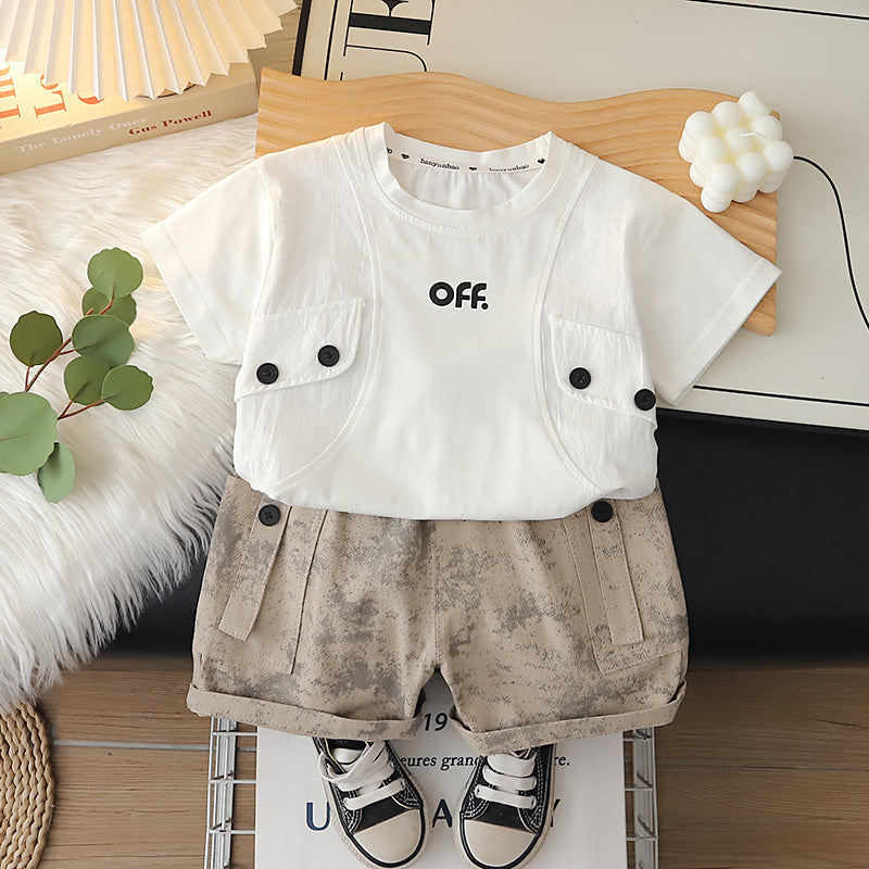 Boys' Outfit 2026 New Fashionable Baby Two-Piece Set with Double-Button Faux Pockets and Short Sleeves, Children's Summer Clothing