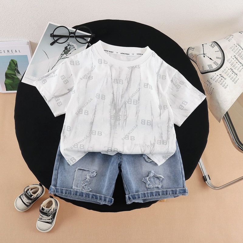 Boys' Outfit 2026 New Trendy Baby Summer Letter Print Short Sleeve Clothes Children's Fashionable Two-Piece Set